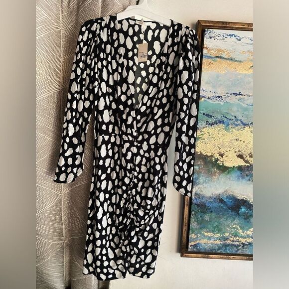 Maje Mini Dress Size 6 Rosima Black & White Ruched Wrap Front Long Sleeve NWT - Picture 14 of 16